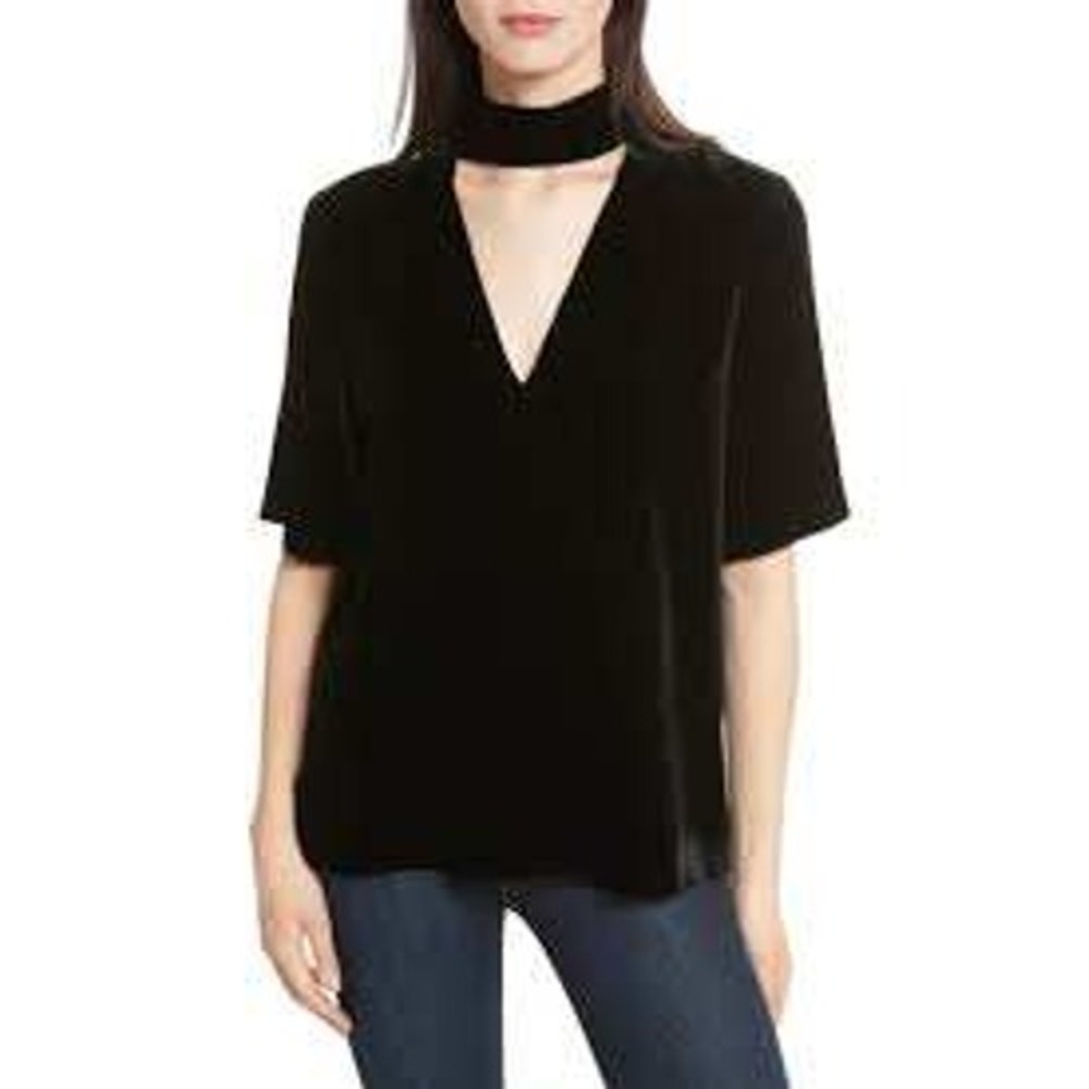 Theory Womens Black Velvet Luxury Glam Edgy Minimalist Choker V Neck Top